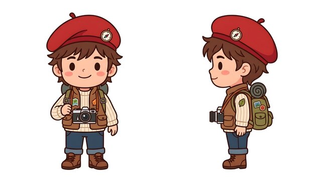 Cute Chibi Traveler Boy Vector Character Sheet Front Side Poses Illustration.