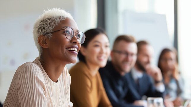 Female leader facilitating a meeting while listening attentively to a colleague