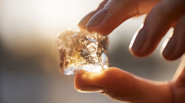 Macro close-up of female fingertips holding a single crystal