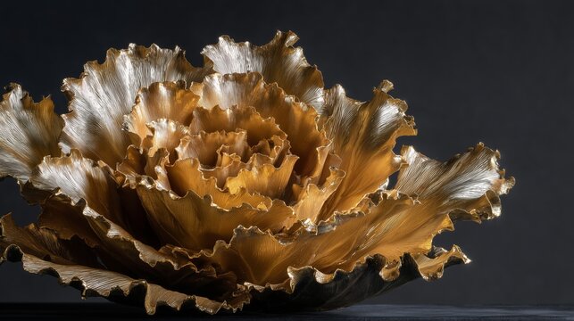 Luxury cabbage sculpture with gold leaf texture under studio lighting