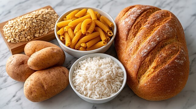 Assortment of staple carbohydrate foods on marble countertop, pasta rice oats potato whole grain bread with fresh herbs, healthy grain still life food layout with copy space