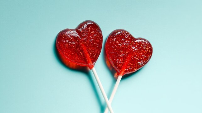 Two red heart-shaped Valentine's Day lollipops on a light blue background