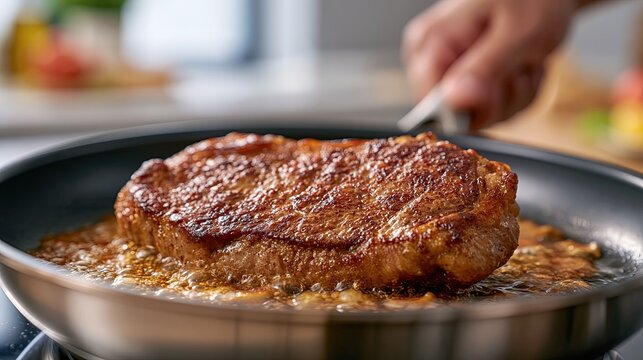 Closeup of raw red meat cooking in frying pan, seared thick steak and sizzling beef patty, realistic home kitchen meat cooking food scene