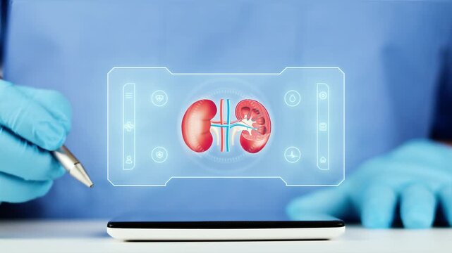 The doctor presents the digital interface of the kidneys on his tablet. Concept of nephrology, AI-powered telemedicine, kidney monitoring, gastric analysis, and medical diagnosis.