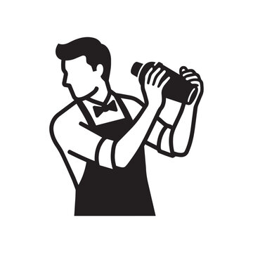 Vector illustration of a bartender in an apron and bow tie shaking a cocktail shaker