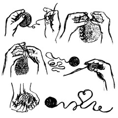 Fototapeta premium Set of hand-drawn knitting sketches. Vector illustration of hands with yarn, knitting needles, crochet hook and a heart-shaped thread