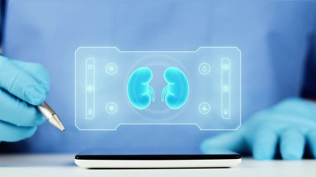 Doctor presents the digital interface of the renal system on a tablet. Concept of nephrology, telemedicine with AI for kidney monitoring, analysis, and urinary health.