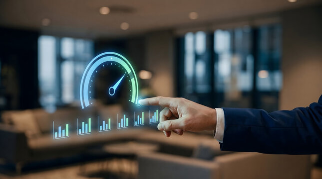 Performance Manager Touching Holographic KPI Speedometer and Business Analytics Charts