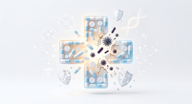 A conceptual illustration representing the growing threat of antibiotic resistance through symbolic medical elements, broken protection, and resilient bacteria