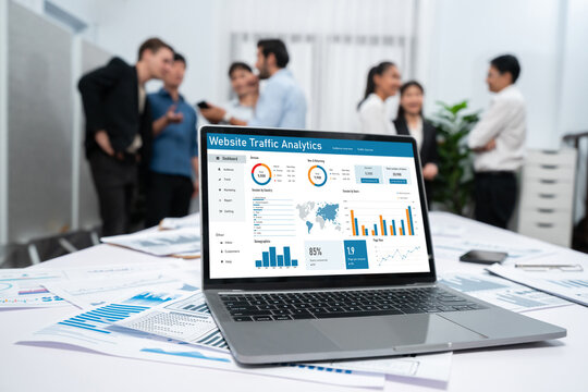 Computer software for website traffic analytics data on computer screen. Concept of SEO search engine optimization and customer targeting for online business brisk