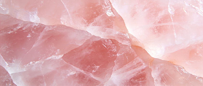 Close-up shot of a rose quartz crystal with natural fractures and translucent texture, creating a soft aesthetic background.