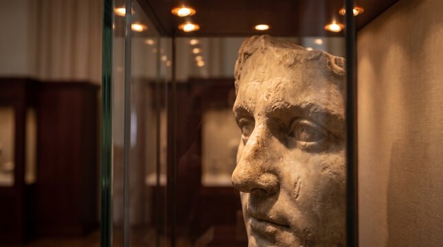 Ancient Roman Emperor Marble Bust Sculpture in Museum Glass Display Case