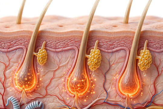 3D illustration of human skin cross section showing hair follicle, epidermis, dermis, and glowing energy root