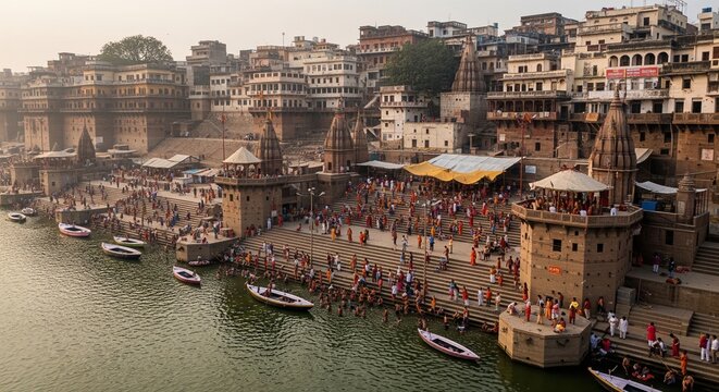 Vibrant riverside ghats of Varanasi bathed in golden evening light
