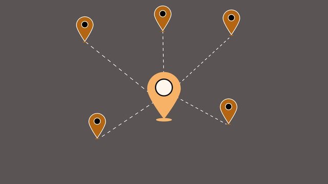 4K animated for business video, motion graphics, map visuals, navigation, and presentations. Two red location pin icon animations connected by dotted path on white background and green screen.