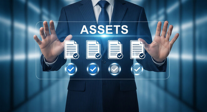 Digital asset management concept, businessman managing corporate assets, data security