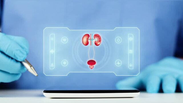 The doctor presents the digital interface of the male urinary system on a tablet. Concept of urology, AI-powered telemedicine, prostate monitoring, and men's health.