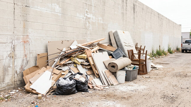 A large pile of mixed construction and household waste sits outdoors
