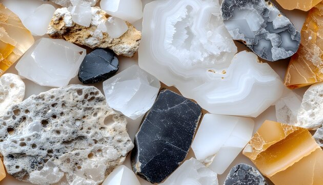 Top view of a collection of various polished gemstones and raw mineral crystals.