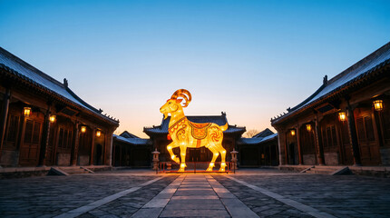 Fototapeta premium A vibrant illuminated goat lantern stands in a traditional courtyard at dusk, marking Chinese New Year 2027, the Year of the Goat. Provides ample copy space for advertising or news.