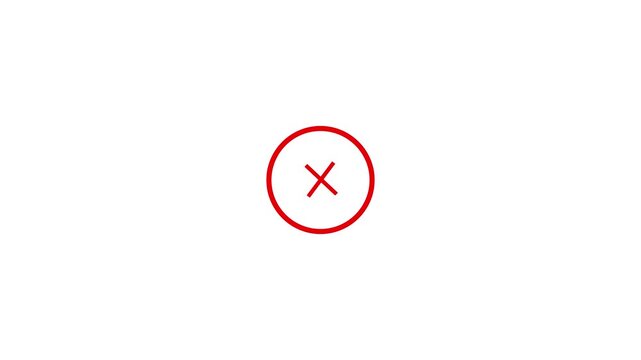 4K animation of red ban cross icon sign in circle isolated on chroma key white screen background.