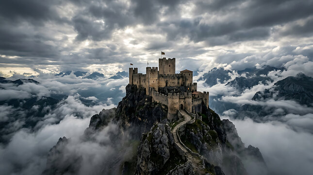 Majestic medieval stone fortress perched atop jagged mountain peaks above rolling dense white clouds with mountain summit surrounded displays historic stone stone castle situated thick clouds with sky
