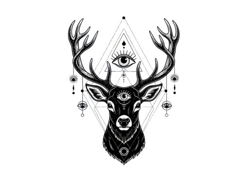 Mystical Deer Head with Third Eye and Geometric Symbols.
