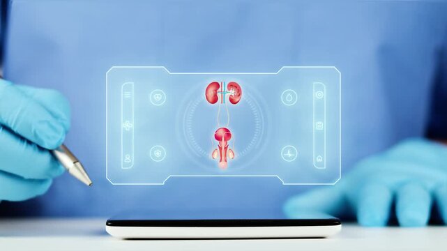 The doctor presents the digital interface of the male urinary system on a tablet. Concept of urology, AI-powered telemedicine, prostate monitoring, and men's health.