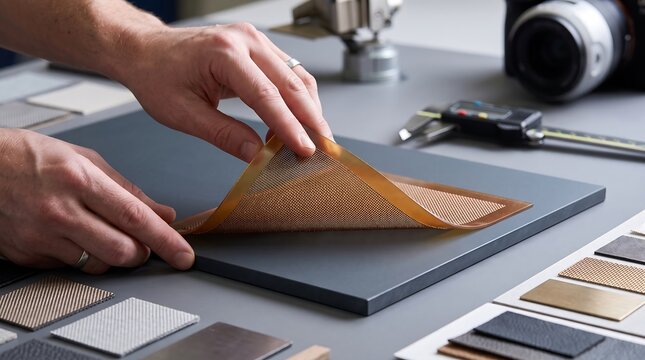 Hands Testing Flexible Metallic Mesh Specimen Material