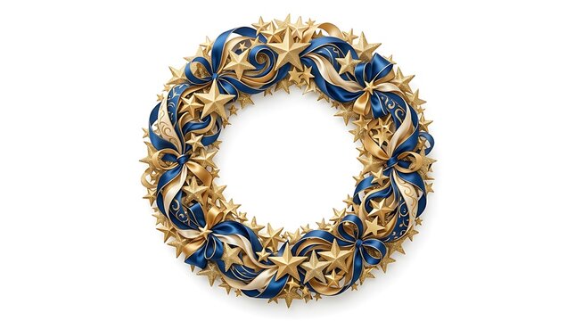 Elegant Christmas wreath with gold stars and deep blue ribbons on white.