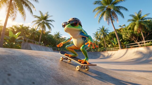 Cool 3D frog with helmet skateboarding in tropical skate park