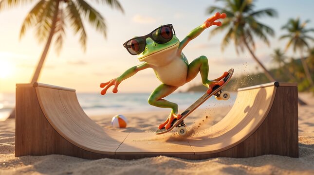 Funny 3D frog skateboarding on ramp on tropical beach at sunset
