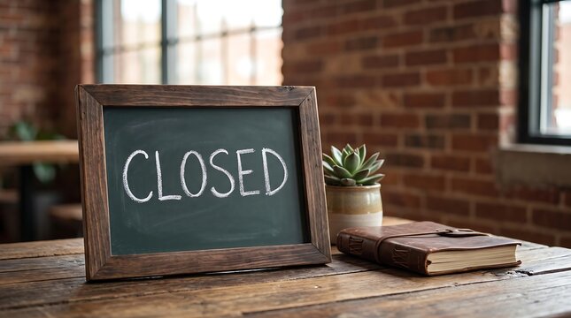 Closed sign on wooden table in modern cozy cafe office background