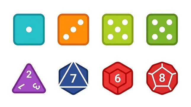 Set of Colorful Polyhedral Dice for Board Games and Tabletop RPGs.