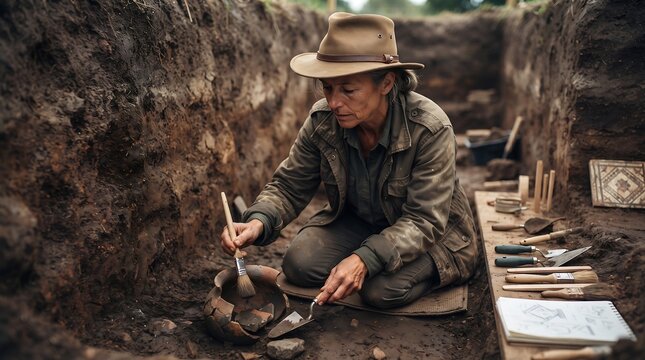 Female Archaeologist Carefully Excavating Ancient Pottery Artifact
