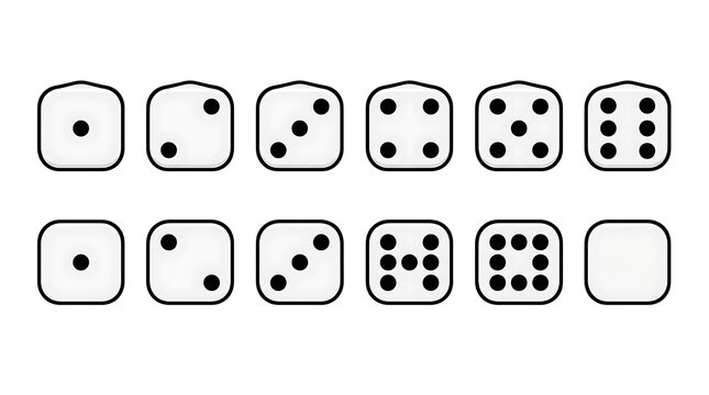 Set of dice icons with various dot combinations and one blank die.