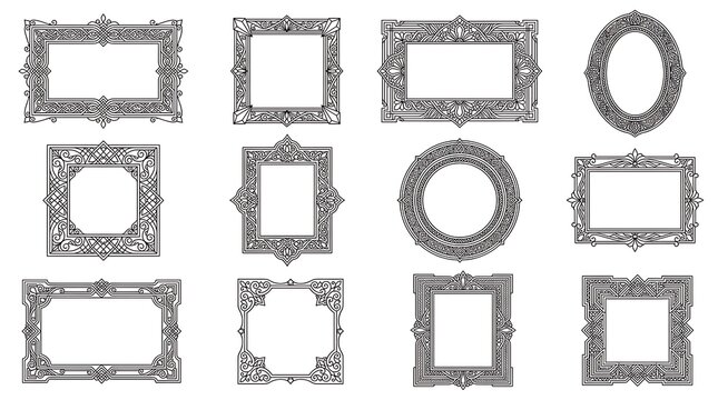 Set of Decorative Vintage Picture Frames in Outline Style.