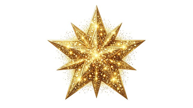 Sparkling Golden Christmas Star Isolated on White Background.