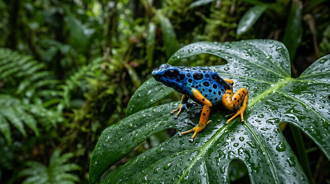 Vibrant blue and yellow poison dart frog resting upon a wet tropical monstera leaf with displays brightly colored perched rain drenched skin yellow legs leaf lush forest close up biodiversity with dew