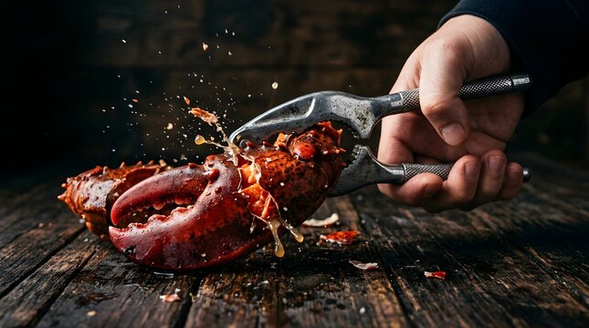 Hand cracking fresh boiled lobster claw with metal nutcracker tool