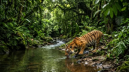 Majestic striped predator drinking from a serene forest stream in the lush tropical jungle with flowing stream surrounded dense tropical foliage lush green vegetation captures large tiger wildlife © CreativeNest