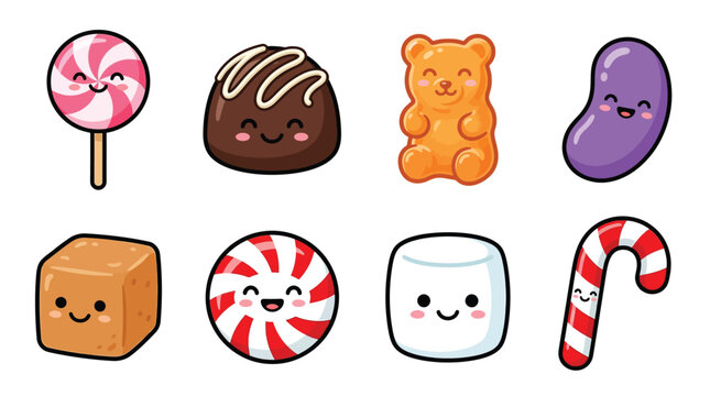 Collection of cute and colorful kawaii candy illustrations including a lollipop, chocolate, gummy bear, jelly bean, caramel, peppermint, marshmallow, and candy cane.