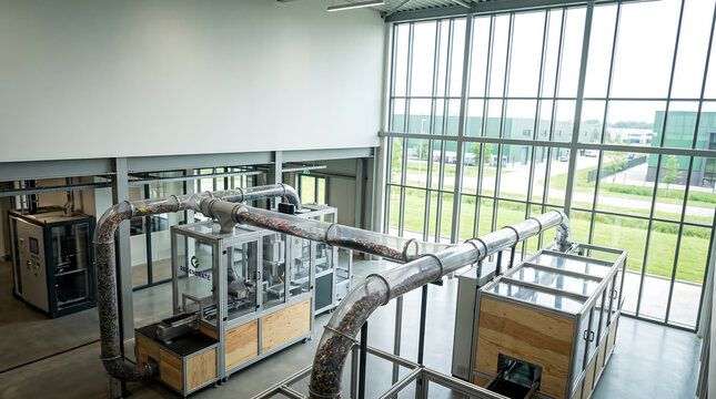 A modern facility showcases advanced recycling machinery with transparent material tubes. Ideal for advertising sustainable technology or news on circular economy initiatives, offering ample copy spac
