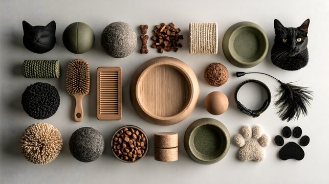 Premium flat lay for International Cat Day August 8th featuring black cat pet supplies wooden bowls treats grooming accessories and interactive toys