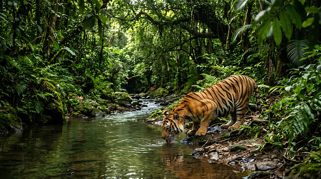 Majestic striped predator drinking from a serene forest stream in the lush tropical jungle with flowing stream surrounded dense tropical foliage lush green vegetation captures large tiger wildlife