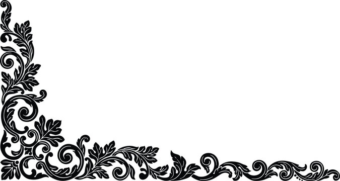 Elegant black vintage corner border with intricate baroque swirls and acanthus leaf scroll patterns.