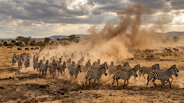 Large herd of zebras galloping through dusty african savanna plains under dramatic stormy sky clouds with savanna landscape kicking dramatic moody overcast captures massive herd running across dry