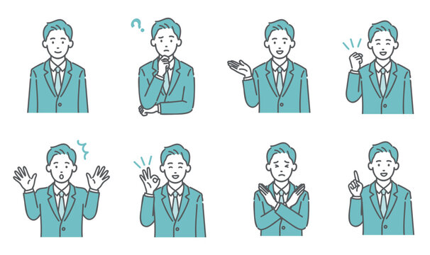 スーツ姿の若い男性の表情・ポーズセットのイラスト