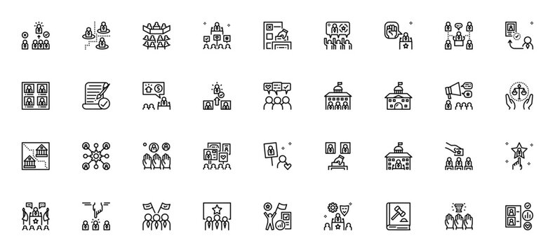 Election World icon set. Minimalist icons pack. Includes symbols for vote, ballot, candidate, campaign, government, democracy, policy, president, and more. Editable vector stroke.