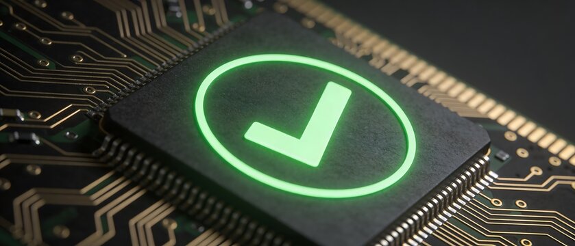 Green checkmark symbol on computer processor chip for hardware security and verification concepts